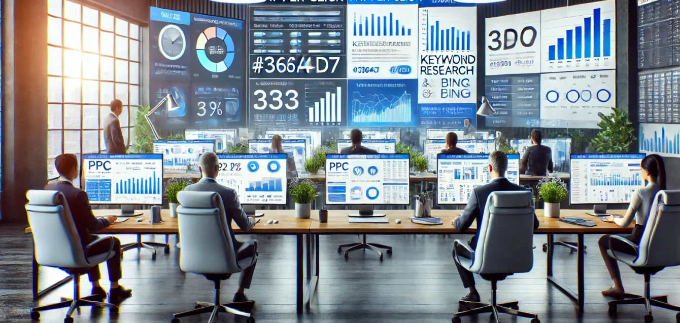 DALL·E 2024-08-26 22.37.56 - A realistic image of a digital marketing team managing Pay-Per-Click (PPC) campaigns for platforms like Google and Bing. The scene includes multiple m