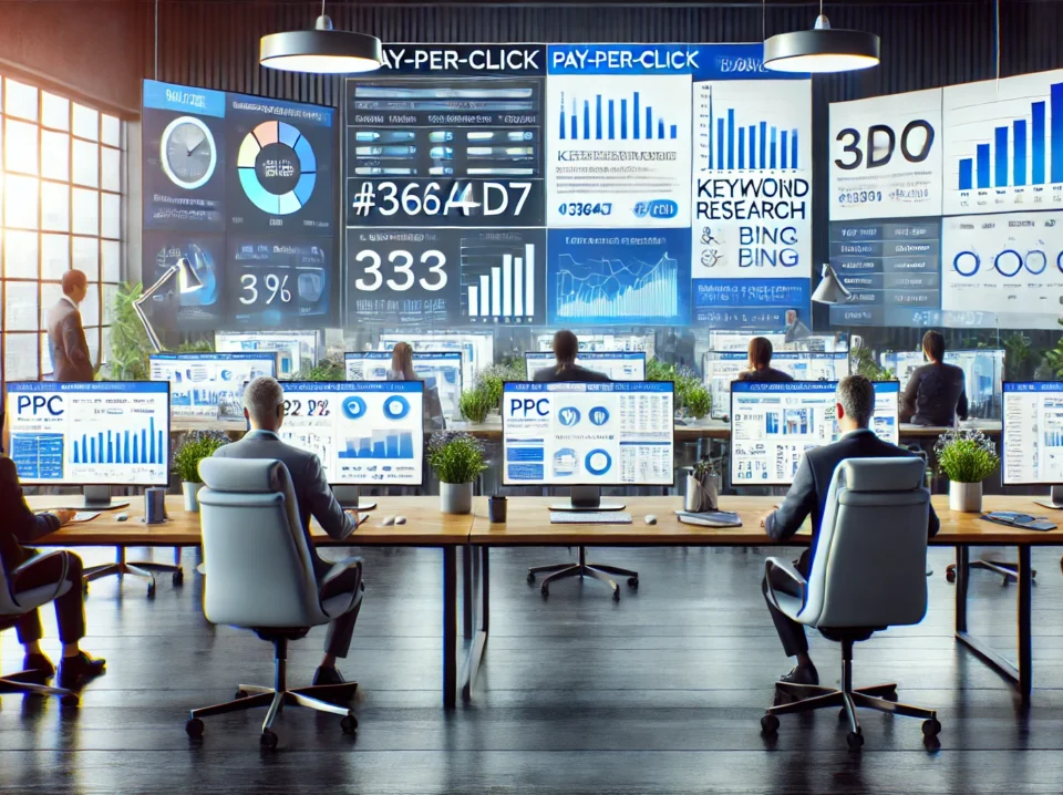 DALL·E 2024-08-26 22.37.56 - A realistic image of a digital marketing team managing Pay-Per-Click (PPC) campaigns for platforms like Google and Bing. The scene includes multiple m DALL·E 2024-08-26 22.37.56 - A realistic image of a digital marketing team managing Pay-Per-Click (PPC) campaigns for platforms like Google and Bing. The scene includes multiple m