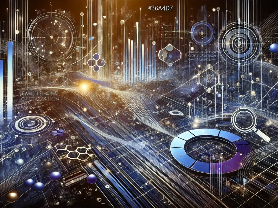DALL·E 2024-08-26 22.55.39 - An abstract, artistic representation of Search Engine Optimization (SEO) with elements symbolizing digital growth and website visibility. The image in