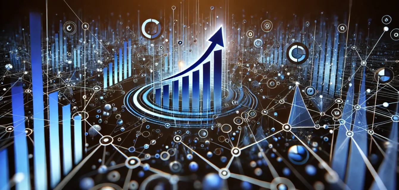 DALL·E 2024-08-26 23.12.35 - An abstract representation of Conversion Rate Optimization (CRO) in a digital marketing context. The image features interconnected shapes and flowing