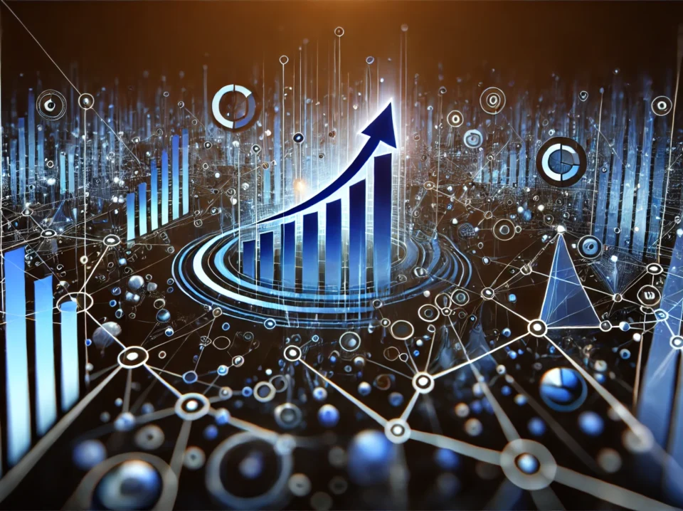 DALL·E 2024-08-26 23.12.35 - An abstract representation of Conversion Rate Optimization (CRO) in a digital marketing context. The image features interconnected shapes and flowing