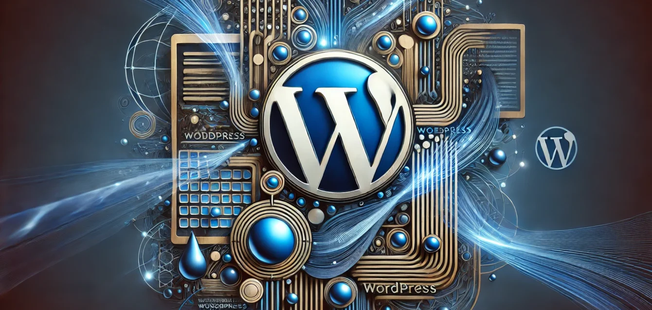 DALL·E 2024-08-26 23.16.29 - A highly abstract representation of WordPress website development, featuring full-frame, interconnected shapes and flowing digital elements symbolizin