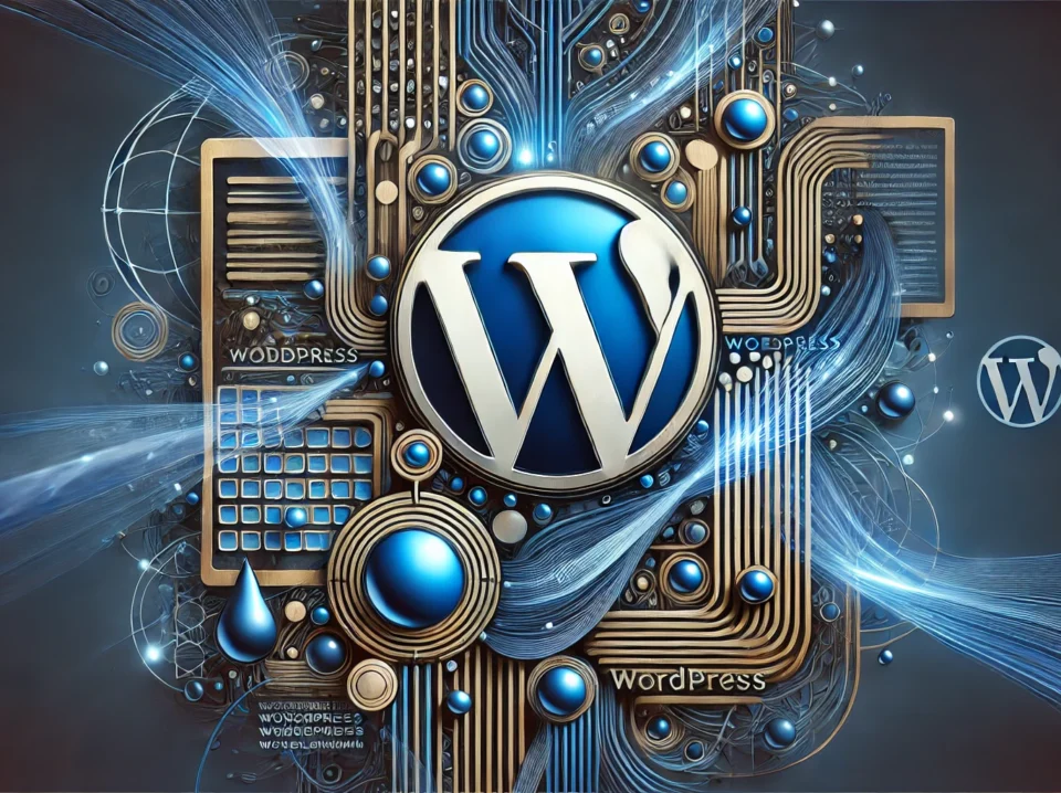 DALL·E 2024-08-26 23.16.29 - A highly abstract representation of WordPress website development, featuring full-frame, interconnected shapes and flowing digital elements symbolizin