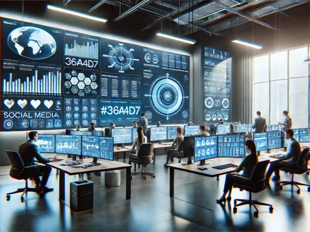 DALL·E 2024-08-26 22.21.18 - A realistic image of a modern, sleek office setting where a team of professionals is working on social media management. Multiple large screens and di DALL·E 2024-08-26 22.21.18 - A realistic image of a modern, sleek office setting where a team of professionals is working on social media management. Multiple large screens and di