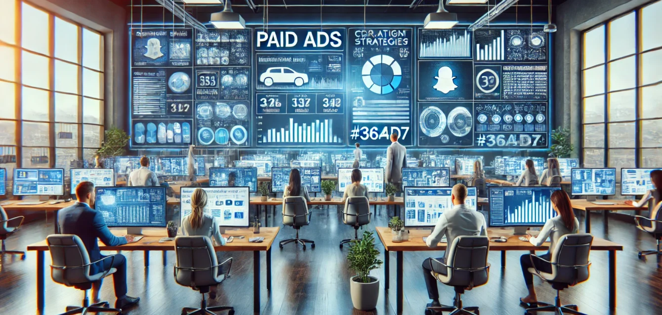 DALL·E 2024-08-26 22.29.01 - A realistic image of a professional digital marketing team managing paid ads across platforms like Facebook, Google, Snapchat, and Instagram. Multiple