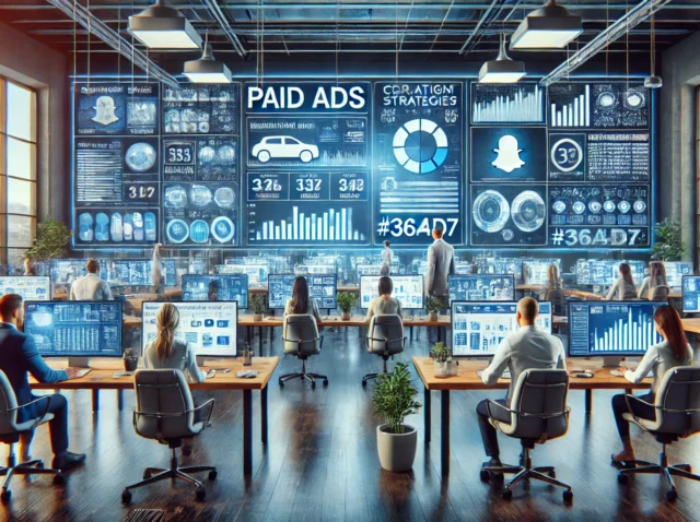 DALL·E 2024-08-26 22.29.01 - A realistic image of a professional digital marketing team managing paid ads across platforms like Facebook, Google, Snapchat, and Instagram. Multiple