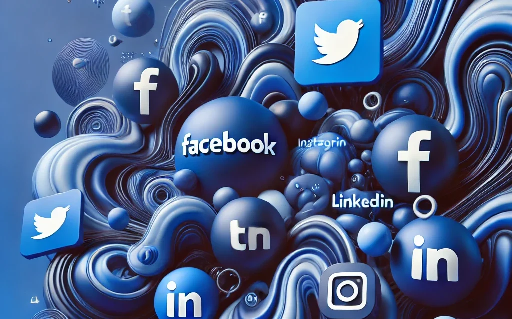 DALL·E 2024-08-30 23.39.45 - An abstract image predominantly featuring royal blue with fluid, flowing shapes and textures. Around the abstract forms, floating social media icons l