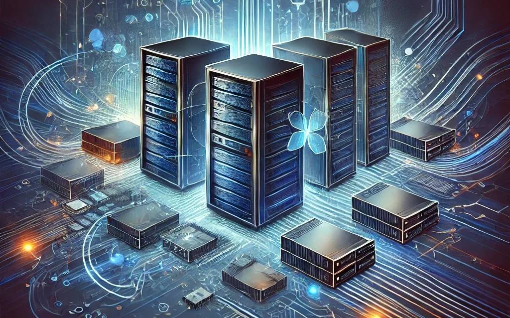 DALL·E 2024-08-30 23.49.44 - An abstract image featuring a network of servers and computers. The design should incorporate a digital, tech-inspired theme, with servers and compute