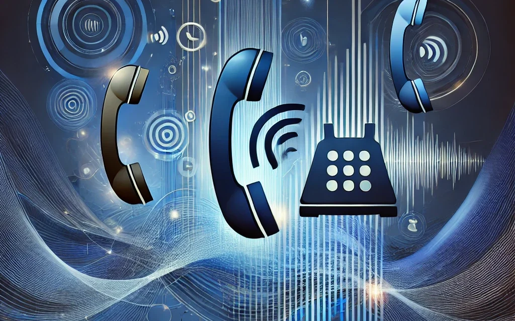 DALL·E 2024-08-30 23.53.08 - An abstract image that incorporates the theme of phones and calls. The design should include elements like stylized phone icons, sound waves, and sign