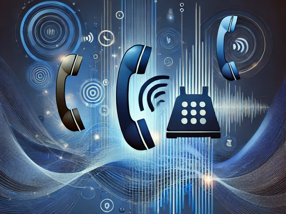 DALL·E 2024-08-30 23.53.08 - An abstract image that incorporates the theme of phones and calls. The design should include elements like stylized phone icons, sound waves, and sign