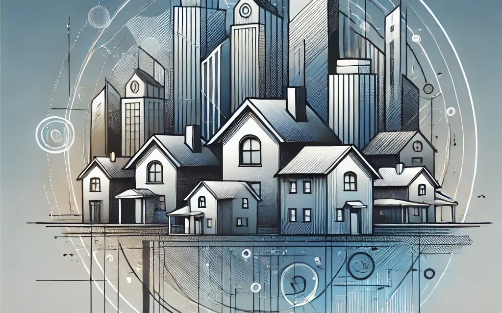 DALL·E 2024-08-31 00.00.57 - An abstract image themed around real estate, incorporating elements like houses, buildings, and urban landscapes. The design should feature stylized r