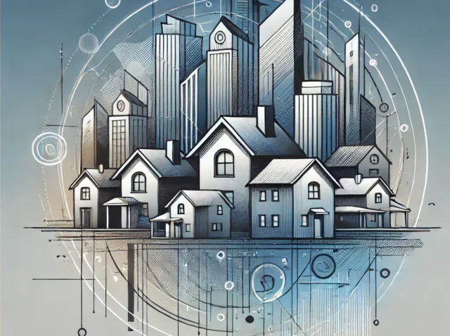 DALL·E 2024-08-31 00.00.57 - An abstract image themed around real estate, incorporating elements like houses, buildings, and urban landscapes. The design should feature stylized r
