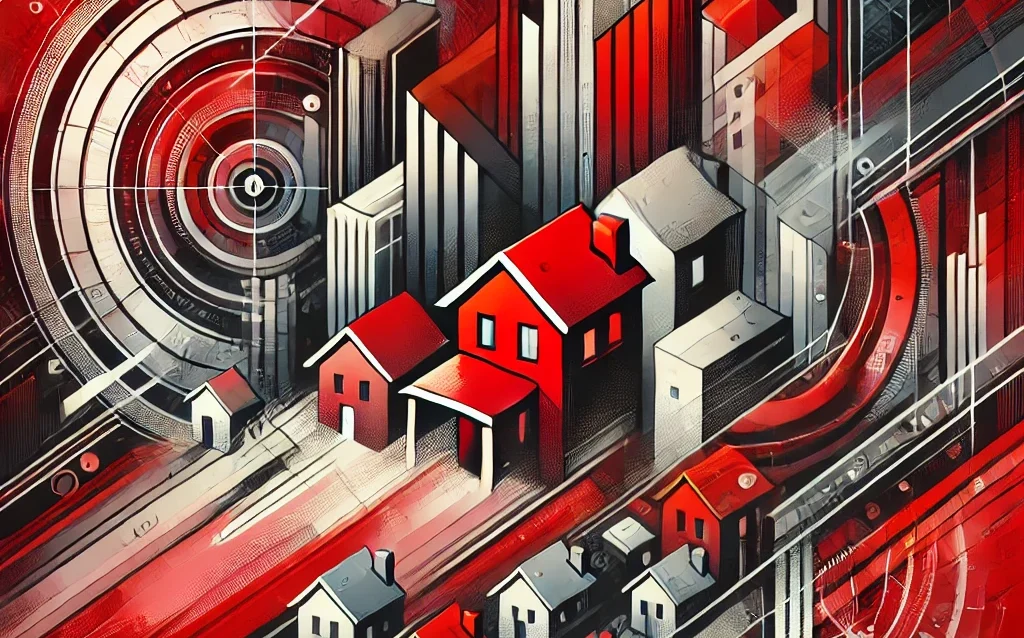 DALL·E 2024-08-31 00.03.22 - An abstract image themed around real estate with a dominant red color scheme. The design should include elements like houses, buildings, and architect