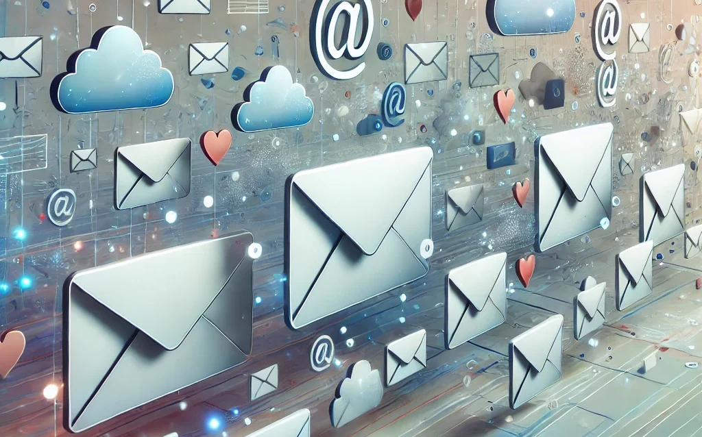 DALL·E 2024-08-31 00.05.56 - A conceptual abstract image representing the flow of emails and letters. The scene features floating envelopes and email icons in various sizes, mingl