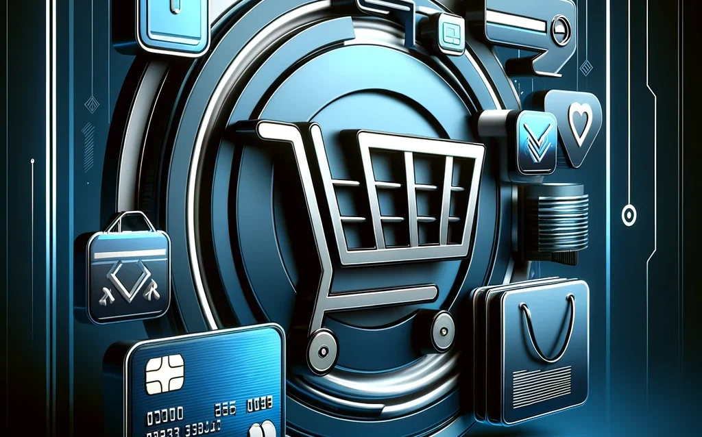 DALL·E 2024-08-31 00.08.02 - A more modern and sleek abstract image representing e-commerce. The scene features clean, minimalistic icons such as stylized shopping carts, credit c