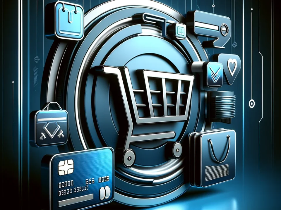 DALL·E 2024-08-31 00.08.02 - A more modern and sleek abstract image representing e-commerce. The scene features clean, minimalistic icons such as stylized shopping carts, credit c