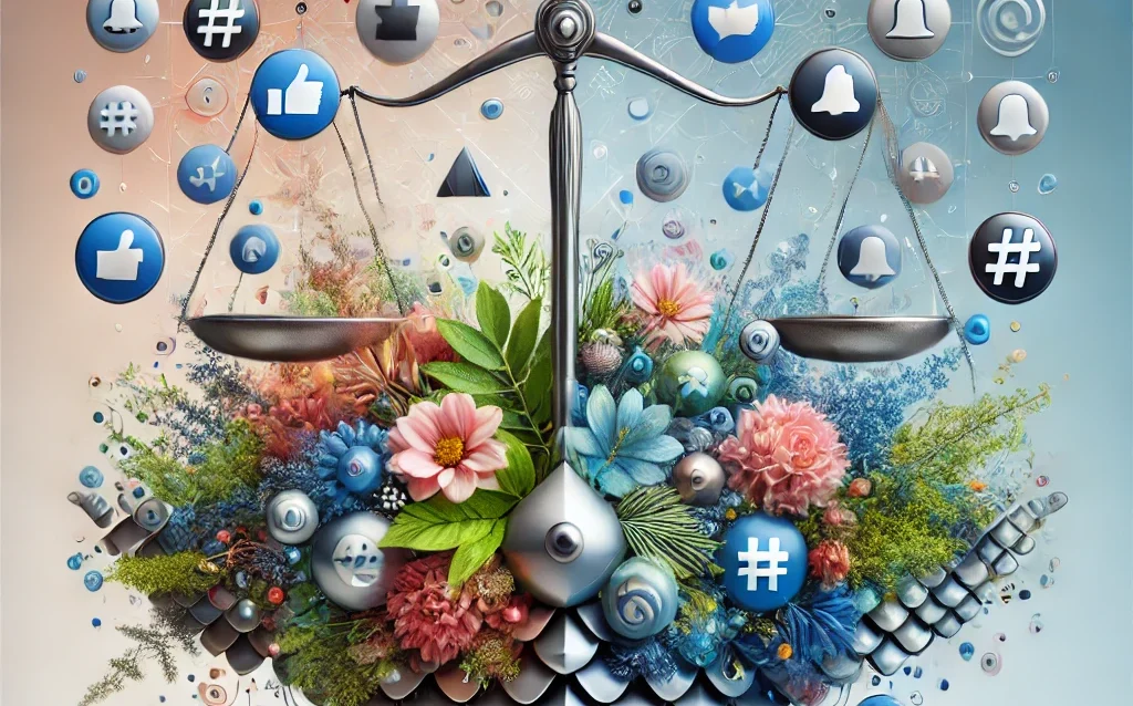 DALL·E 2024-08-31 00.14.46 - An abstract image combining scales, flowers, and floating social media icons. The base features a balanced interplay between sharp, geometric scales a
