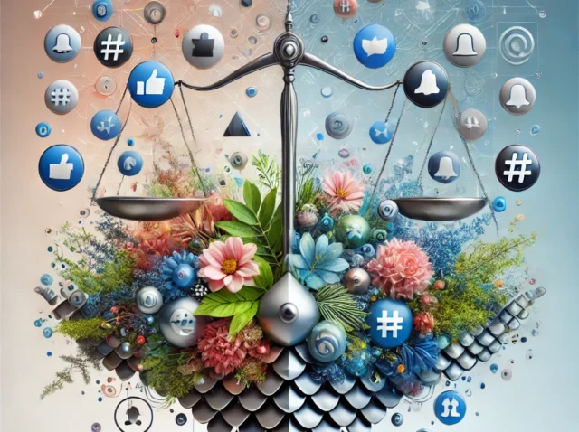 DALL·E 2024-08-31 00.14.46 - An abstract image combining scales, flowers, and floating social media icons. The base features a balanced interplay between sharp, geometric scales a