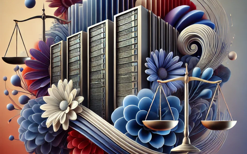 DALL·E 2024-08-31 00.16.20 - An abstract image that integrates elements of websites, servers, scales, flowers, and curtains. The design features geometric representations of serve