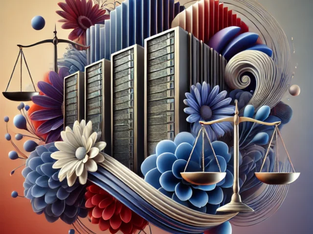 DALL·E 2024-08-31 00.16.20 - An abstract image that integrates elements of websites, servers, scales, flowers, and curtains. The design features geometric representations of serve