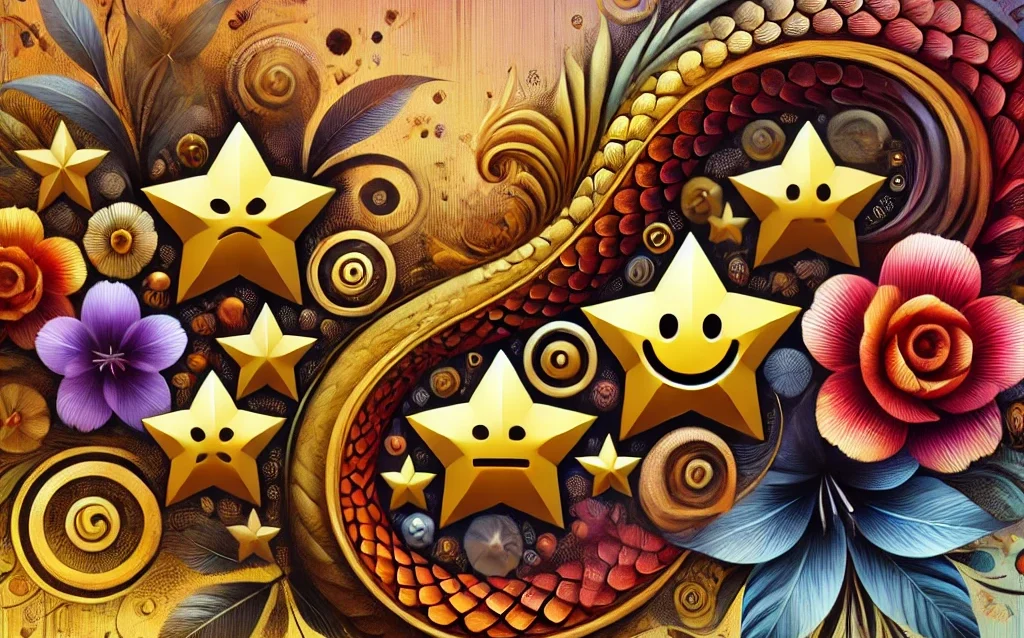 DALL·E 2024-08-31 00.17.50 - An abstract image representing customer ratings and happiness, integrated with elements like flowers and dragon scales. The design features star ratin