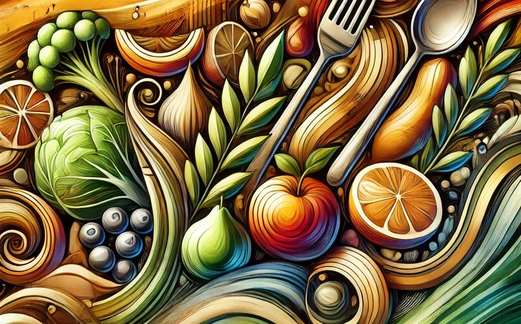 DALL·E 2024-08-31 00.20.32 - An abstract image representing food. The composition features various food elements like fruits, vegetables, and utensils, arranged in a flowing, dyna