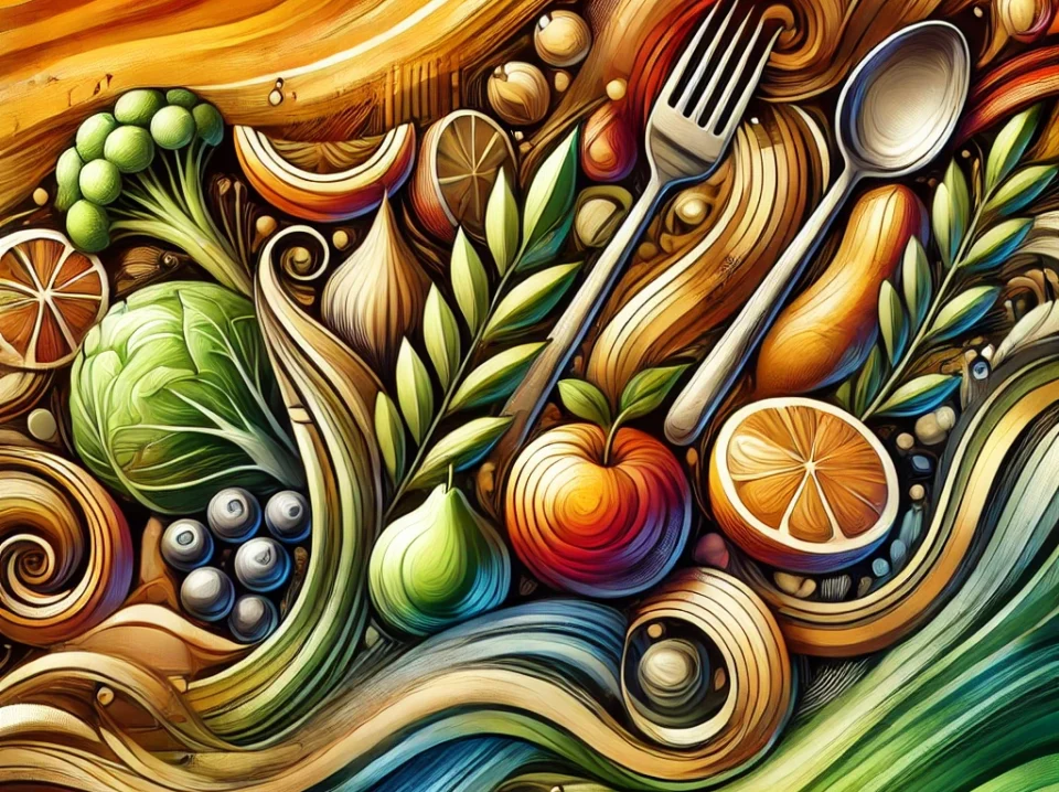 DALL·E 2024-08-31 00.20.32 - An abstract image representing food. The composition features various food elements like fruits, vegetables, and utensils, arranged in a flowing, dyna