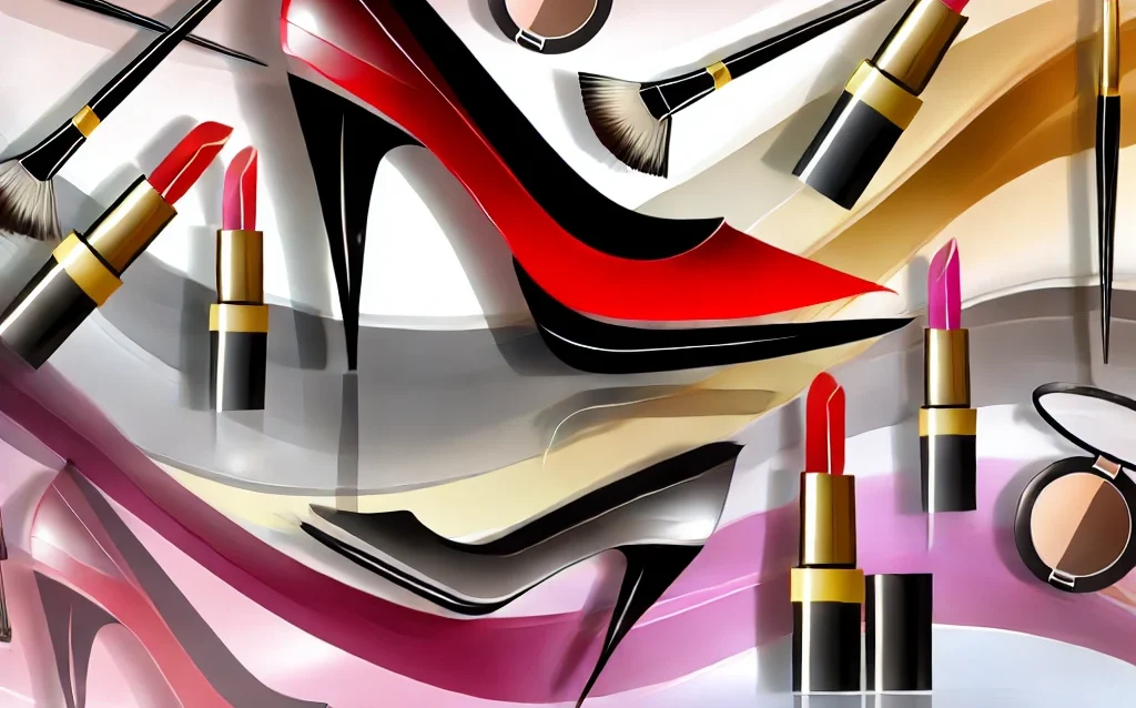 DALL·E 2024-08-31 00.23.15 - An abstract image representing shoes, makeup, and clothes. The composition features stylized elements like high-heeled shoes, makeup brushes, lipstick