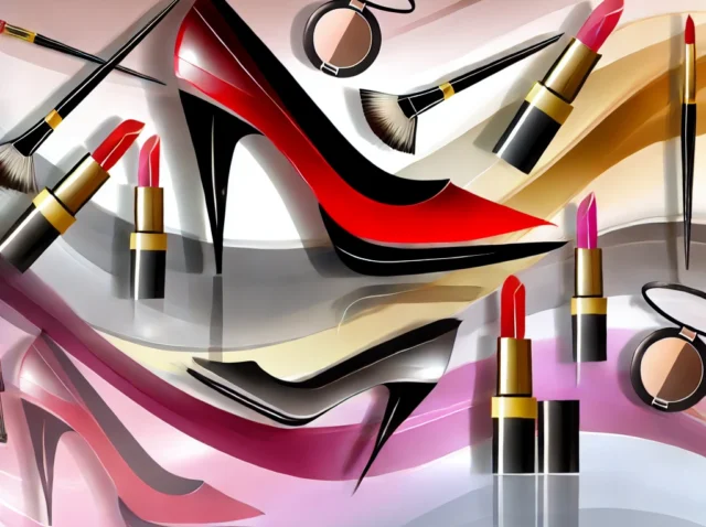 DALL·E 2024-08-31 00.23.15 - An abstract image representing shoes, makeup, and clothes. The composition features stylized elements like high-heeled shoes, makeup brushes, lipstick