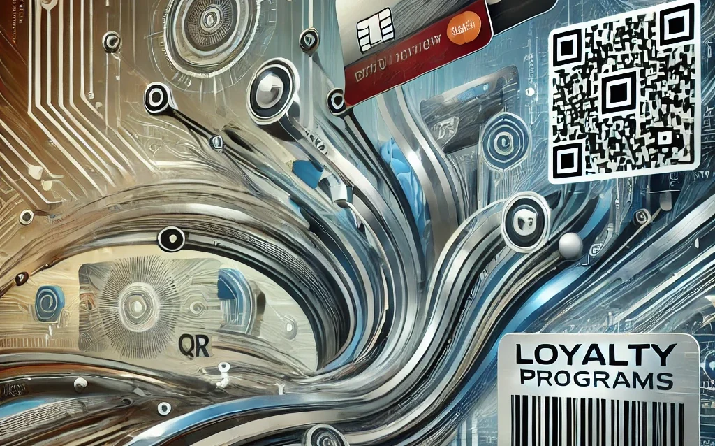 DALL·E 2024-08-31 00.28.06 - An abstract image representing technology and loyalty programs. The composition features elements like digital circuit patterns, QR codes, and loyalty