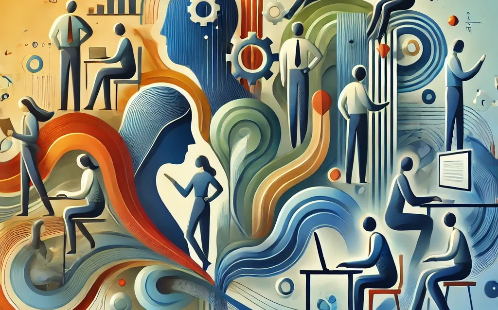 DALL·E 2024-08-31 00.31.19 - An abstract image representing employees working. The composition features stylized human figures engaged in various tasks, such as typing, collaborat