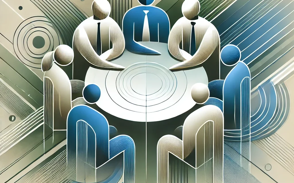 DALL·E 2024-08-31 00.38.14 - An abstract image representing employees working together at a table. The composition features stylized human figures gathered around a circular or re