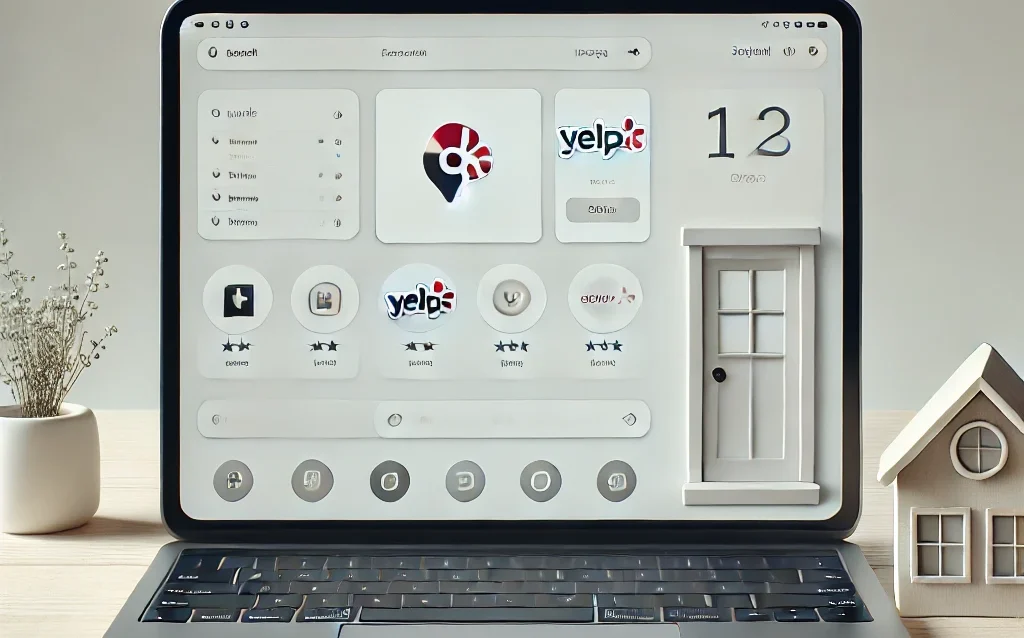 A minimalist image of a laptop displaying a dashboard with icons of platforms like Yelp and Google, along with a small storefront symbol beside it. The background is light and simple, drawing attention to the key elements of business management and automation.