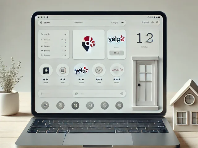 A minimalist image of a laptop displaying a dashboard with icons of platforms like Yelp and Google, along with a small storefront symbol beside it. The background is light and simple, drawing attention to the key elements of business management and automation.