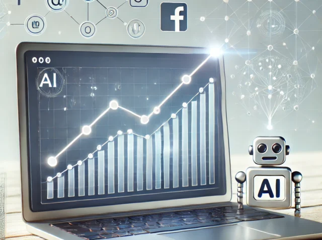 DALL·E 2024-09-04 15.02.28 - A clean image featuring a laptop displaying a dashboard with an upward trending graph and social media icons like Facebook and Instagram. Next to the A minimalist image showing a laptop displaying a dashboard with an upward trending graph and social media icons like Facebook and Instagram. Next to the laptop, a subtle AI symbol suggests automation. The background is light and clean, emphasizing the tools and growth elements.