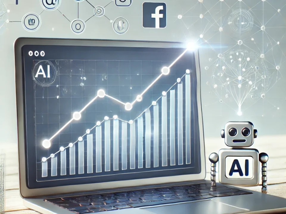 DALL·E 2024-09-04 15.02.28 - A clean image featuring a laptop displaying a dashboard with an upward trending graph and social media icons like Facebook and Instagram. Next to the A minimalist image showing a laptop displaying a dashboard with an upward trending graph and social media icons like Facebook and Instagram. Next to the laptop, a subtle AI symbol suggests automation. The background is light and clean, emphasizing the tools and growth elements.
