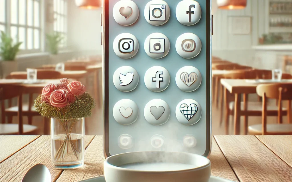 A minimalist image featuring a smartphone displaying social media icons like Instagram and Facebook, placed on a restaurant table next to a plate of food. The background is light and simple, highlighting social media engagement in the restaurant industry.
