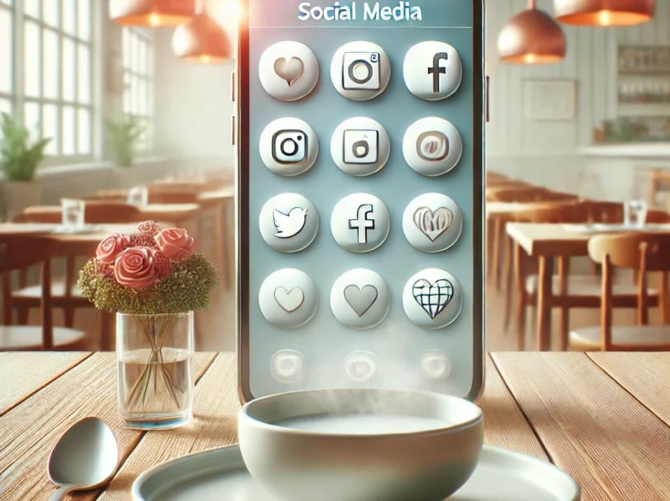 DALL·E 2024-09-04 15.05.01 - A clean image of a restaurant setting with a smartphone displaying social media icons like Instagram and Facebook. A plate of food is placed beside th A minimalist image featuring a smartphone displaying social media icons like Instagram and Facebook, placed on a restaurant table next to a plate of food. The background is light and simple, highlighting social media engagement in the restaurant industry.