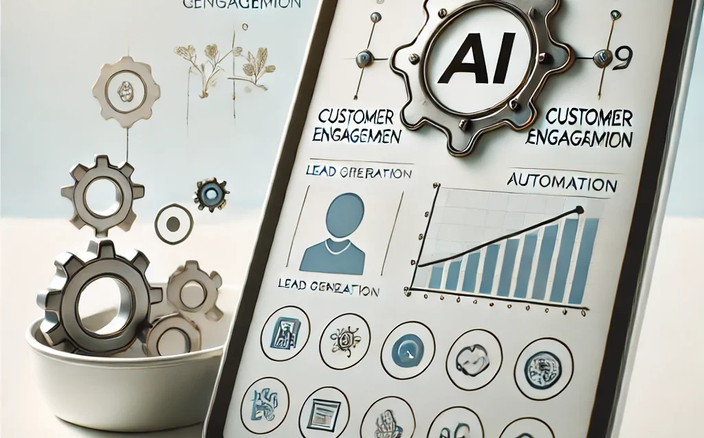 A minimalist image of a tablet displaying AI-powered digital marketing tools, with icons for lead generation, customer engagement, and automation on the screen. Next to the tablet, a gear symbol represents streamlined business operations. The background is light and uncluttered, emphasizing automation and efficiency.