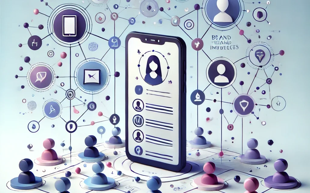 A minimalist image featuring a smartphone displaying social media influencers with brand products. Surrounding the phone are abstract connections and small seed icons, symbolizing brand seeding and viral marketing. The image highlights brand seeding as a modern marketing strategy.