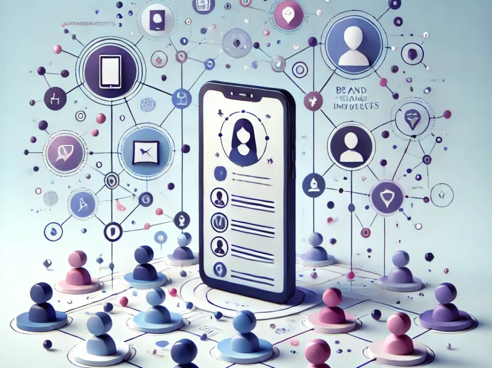 A minimalist image featuring a smartphone displaying social media influencers with brand products. Surrounding the phone are abstract connections and small seed icons, symbolizing brand seeding and viral marketing. The image highlights brand seeding as a modern marketing strategy.