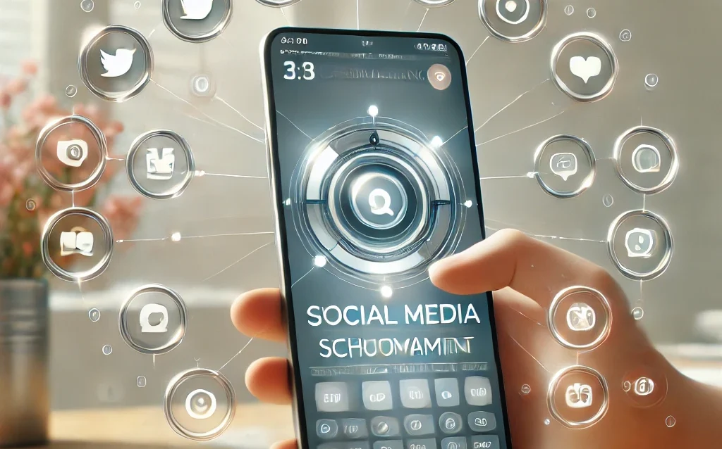 A minimalist image featuring a smartphone with a social media dashboard showing automated scheduling tools. Surrounding the phone are icons of popular social media platforms, representing streamlined social media management and automation for business growth.