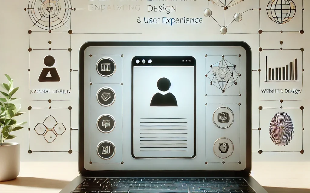 A minimalist image featuring a laptop displaying a modern website design with clean lines. Surrounding the laptop are subtle icons representing AI tools that enhance website design and user experience, highlighting optimization for business growth.