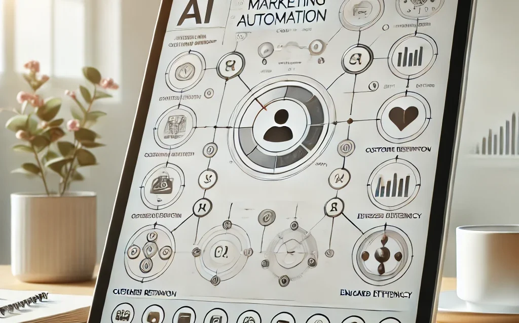 A minimalist image featuring a tablet displaying a dashboard with marketing automation tools. Surrounding the tablet are icons representing customer retention, business operations, and improved efficiency, highlighting the role of AI-powered marketing automation.