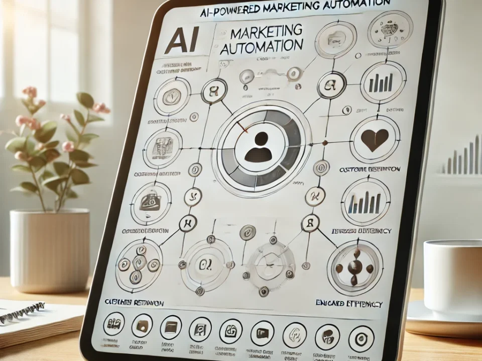 DALL·E 2024-09-04 15.28.06 - A minimalist image showing a dashboard on a tablet displaying marketing automation tools. Surrounding the tablet are icons representing customer reten A minimalist image featuring a tablet displaying a dashboard with marketing automation tools. Surrounding the tablet are icons representing customer retention, business operations, and improved efficiency, highlighting the role of AI-powered marketing automation.