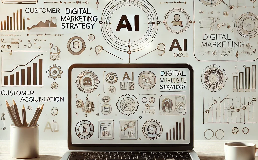A minimalist image featuring a laptop displaying a dashboard with digital marketing strategy tools. Surrounding the laptop are icons representing AI tools, customer acquisition, and business growth, highlighting the impact
