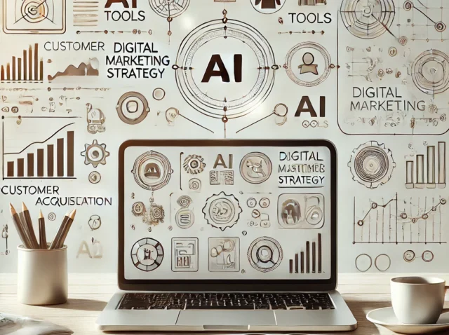 A minimalist image featuring a laptop displaying a dashboard with digital marketing strategy tools. Surrounding the laptop are icons representing AI tools, customer acquisition, and business growth, highlighting the impact