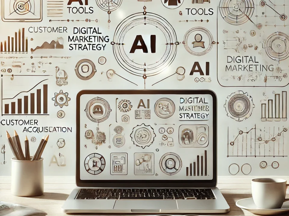 DALL·E 2024-09-04 15.29.36 - A minimalist image showing a laptop with a dashboard displaying digital marketing strategy tools. Surrounding the laptop are icons representing AI too A minimalist image featuring a laptop displaying a dashboard with digital marketing strategy tools. Surrounding the laptop are icons representing AI tools, customer acquisition, and business growth, highlighting the impact