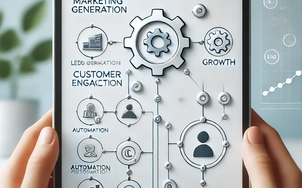 A minimalist image featuring a tablet displaying marketing automation tools focused on lead generation and customer engagement. Surrounding the tablet are icons representing automation, growth, and customer interaction, highlighting the efficiency of marketing automation.