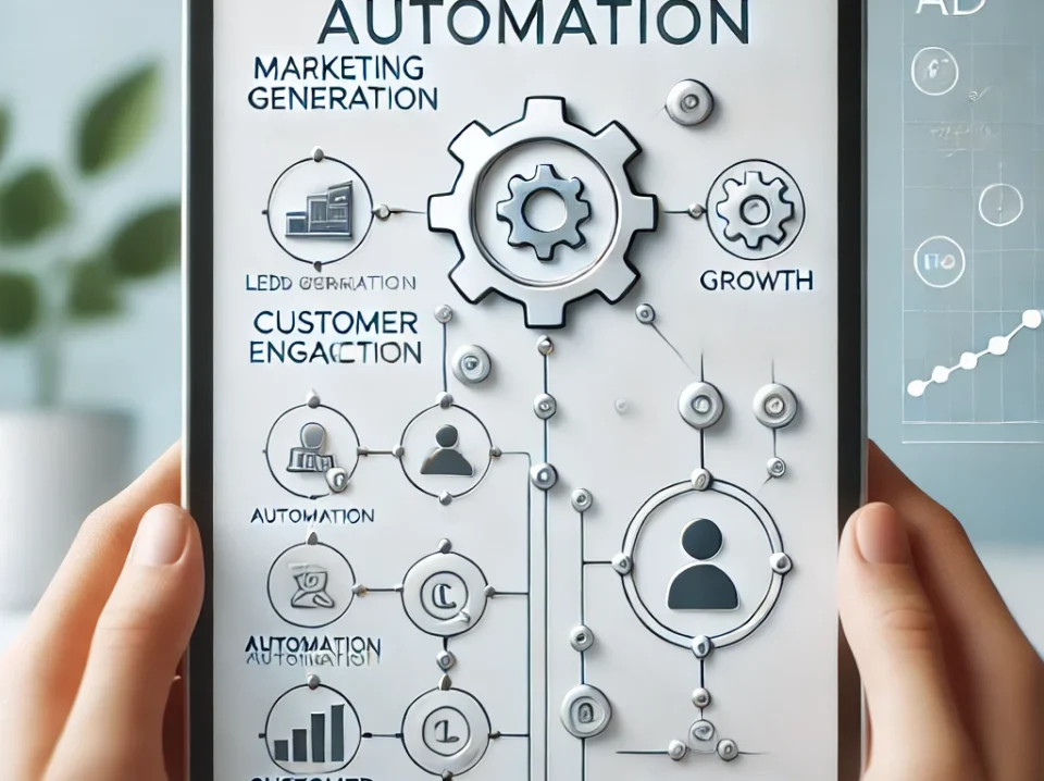 A minimalist image featuring a tablet displaying marketing automation tools focused on lead generation and customer engagement. Surrounding the tablet are icons representing automation, growth, and customer interaction, highlighting the efficiency of marketing automation.